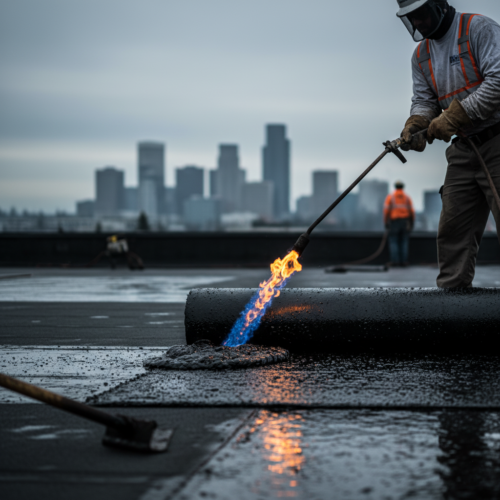 Commercial roofing Marysville WA flat roof repair and TPO installation on a retail building near State Ave done by Marysville Roofing.